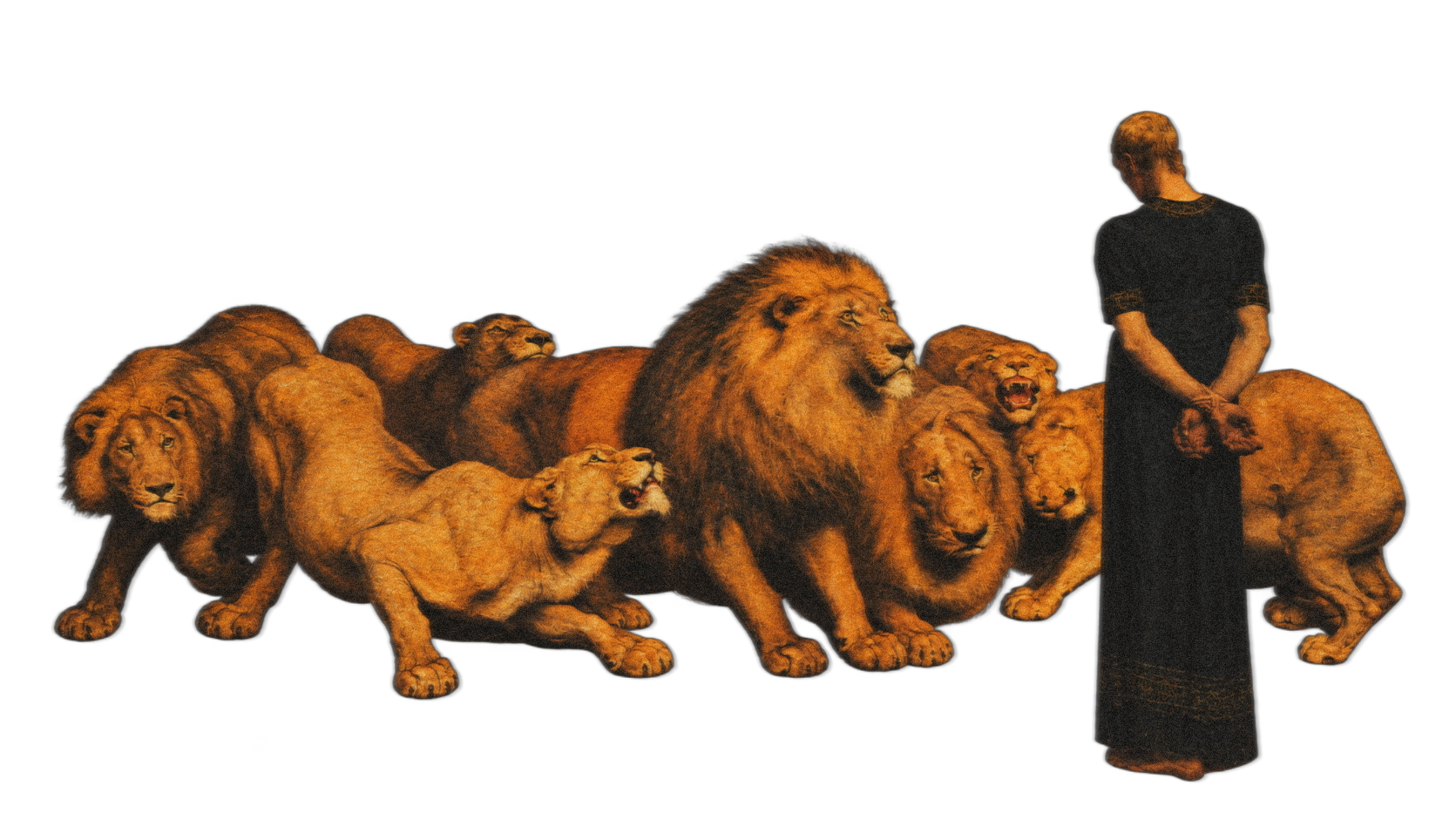A person standing among lions